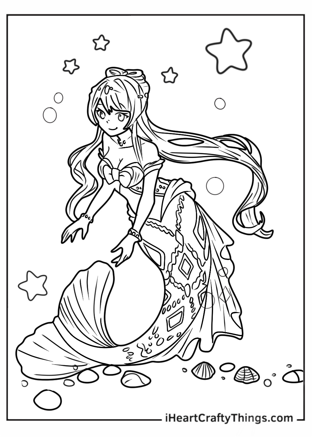 Detailed coloring poster for adults with a magical mermaid featured in anime style