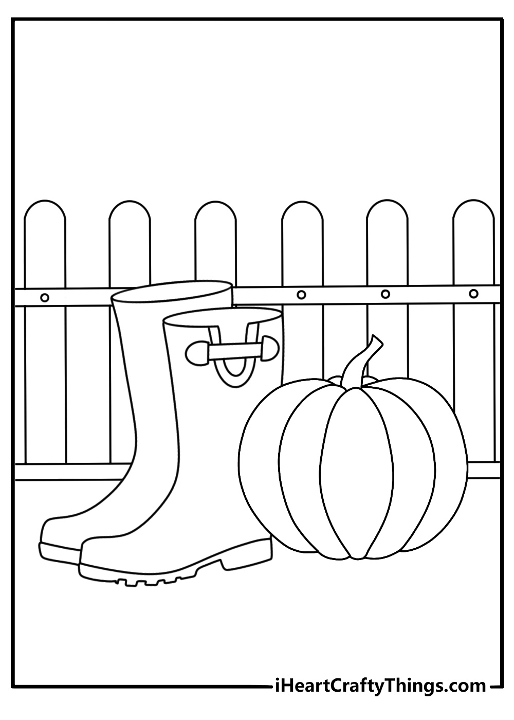 Autumn rain falls around a pumpkin beside a pair of rubber boots