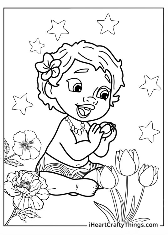 Baby Moana With Flowers Coloring Picture