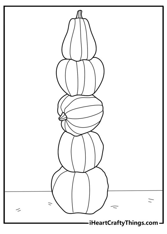 Black and white printable coloring picture presenting various size pumpkins stacked on top of each other