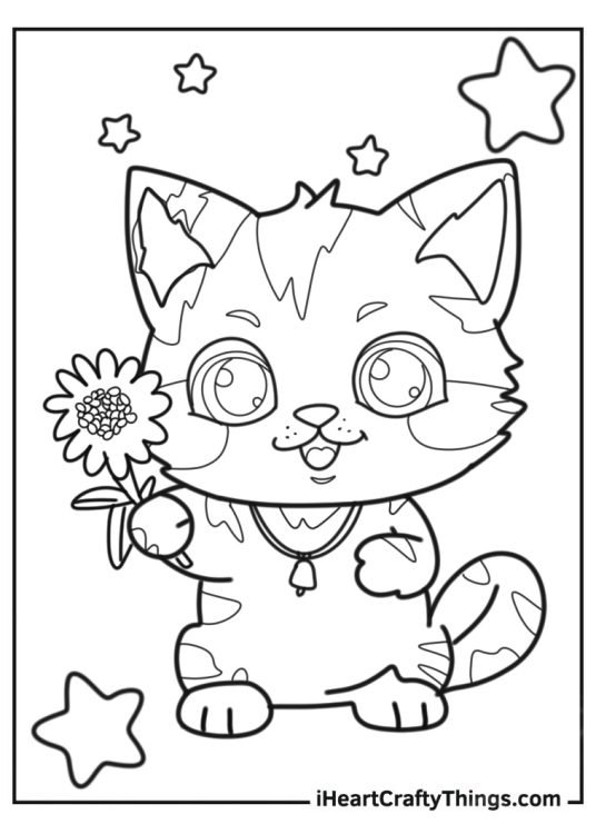 Cartoon Cat With Flowers Coloring In For Preschoolers