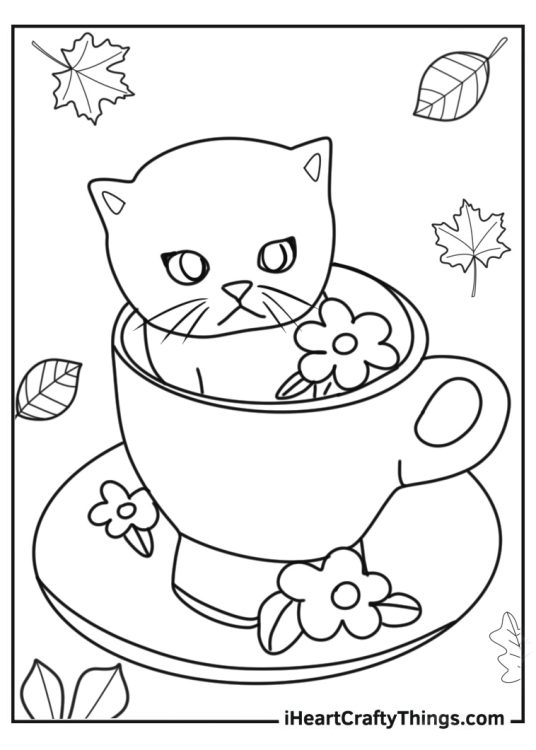 Coloring Page Of Realistic Cat Inside Teacup