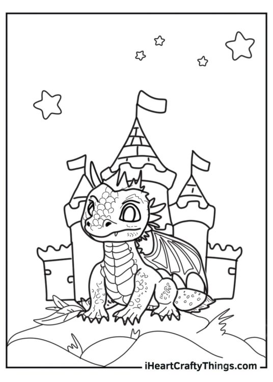 Coloring Sheet Of Dragon Next To Castle For Preschoolers