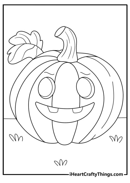 Coloring image featuring pumpkin with a silly and wacky face with some bushes behind it