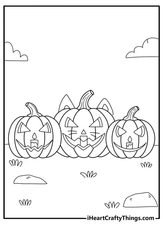 Coloring page featuring many pumpkins with the central one styled to look like a cute kitty