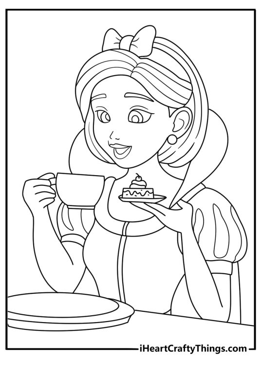 Coloring page for kids of an elegant princess sitting at the cafe table with a cup of coffee and dessert