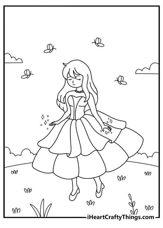Coloring page of a princess greeting a beautiful butterfly in the forest and letting it flutter on her fingertips
