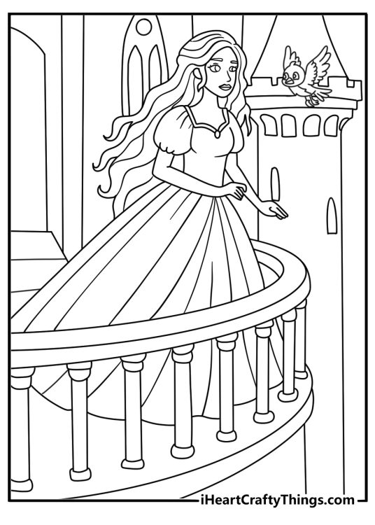 Coloring page to print featuring beautiful princess leaning over her balcony to reach a fluttering bird