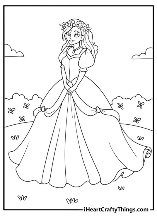 Coloring pdf of an outdoors scene with a princess wearing a crown of flowers and dress with a big putty skirt