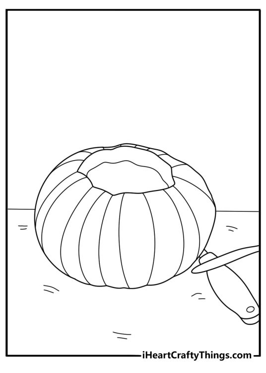 Coloring picture for children showing a carved pumpkin with its top cut off to form a lid