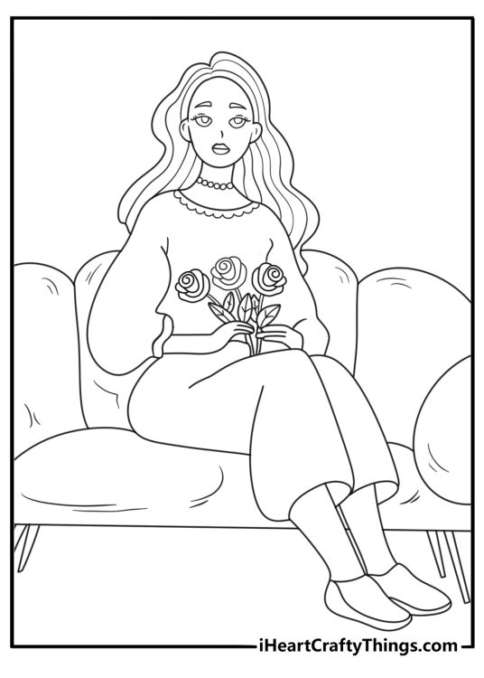 Coloring picture for kids featuring princess sitting on a sofa and holding a big bunch of flowers in her arms