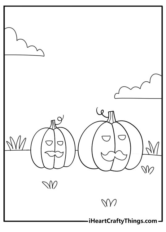 Coloring poster featuring fairly happy and friendly pumpkin paired with a much larger and scarier pumpkin