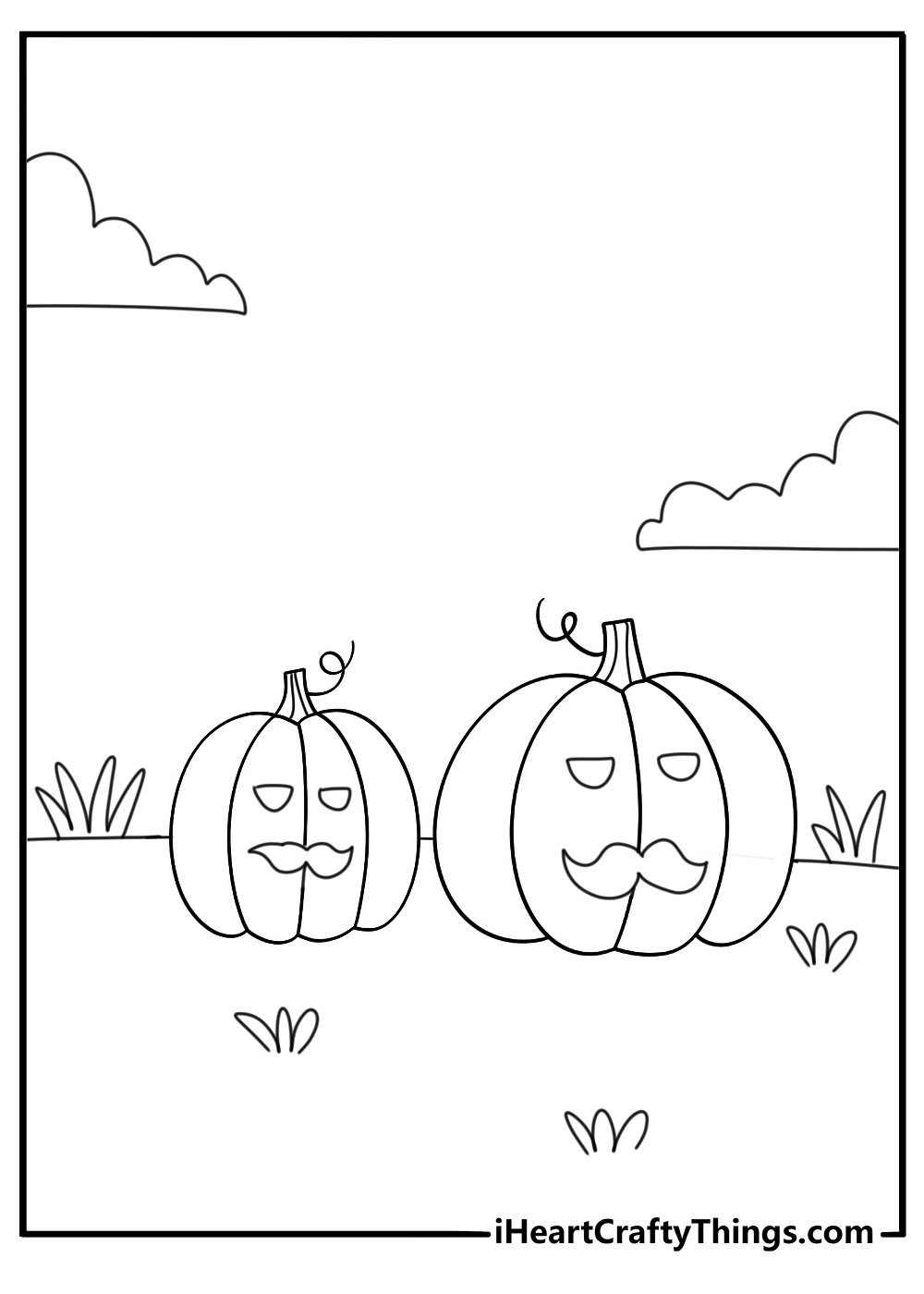 Coloring poster featuring fairly happy and friendly pumpkin paired with a much larger and scarier pumpkin