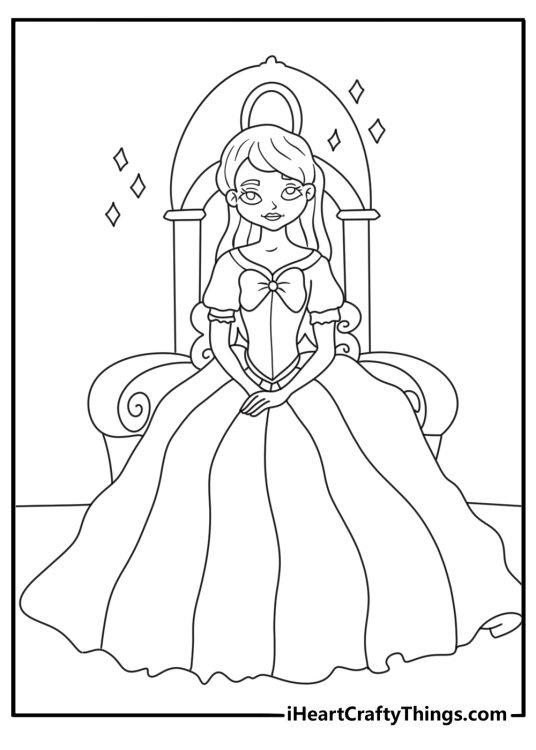 Coloring poster featuring princess sitting on her throne in a simple dress and wearing her crown