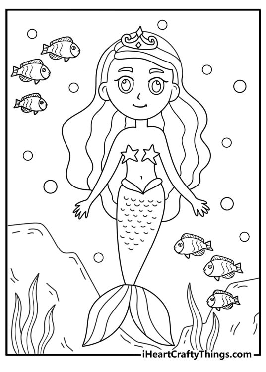 Coloring sheet featuring little princess under water in the sea surrounded by various fish plants and bubbles