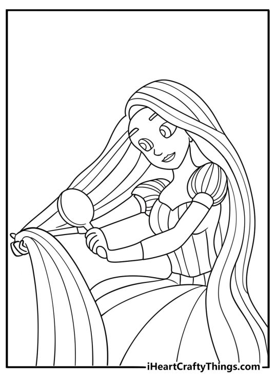 Cute princess coloring page with a princess brushing her long hair