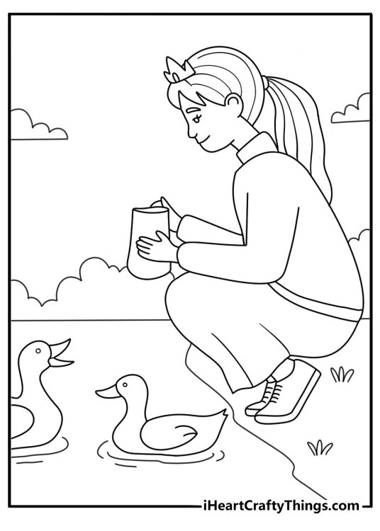 Cute princess coloring page with a princess feeding swans by a pond