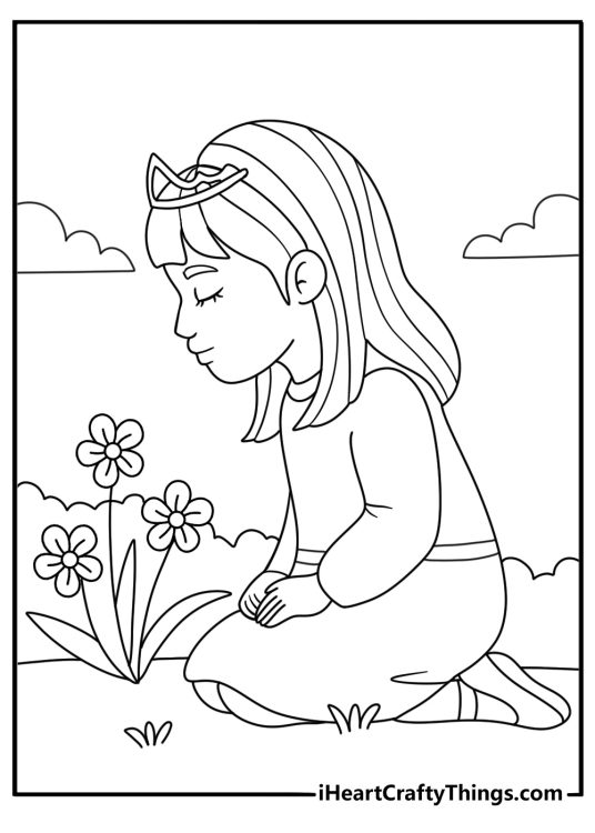 Deatiled coloring printable featuring princess squatting down to smell the flowers