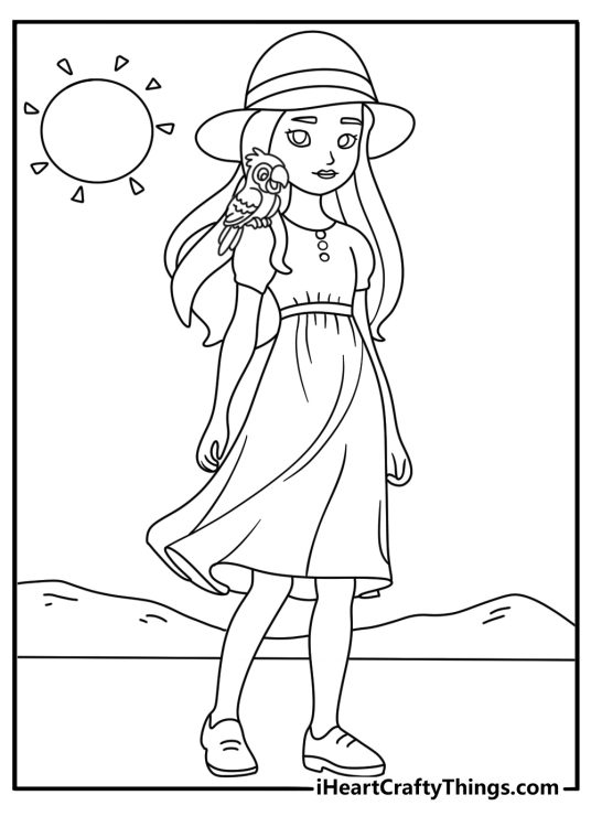Detailed coloring image featuring princess on a walk in a sun hat with a parrot perched on her shoulder