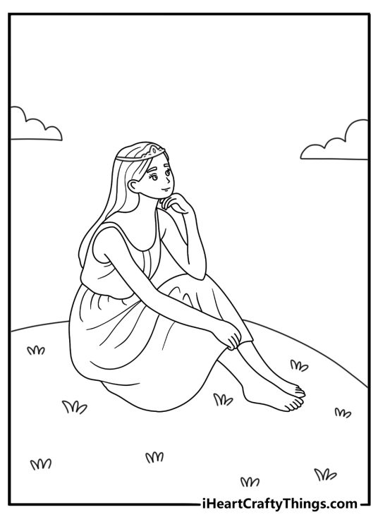 Detailed coloring paged of a princess enjoying a calm moment sitting on a hilltop with her arms around her knees
