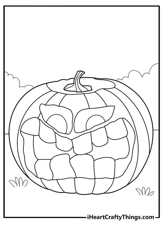 Detailed coloring picture for kids featuring carved pumpkin with huge smile on his face surrounded by greenery