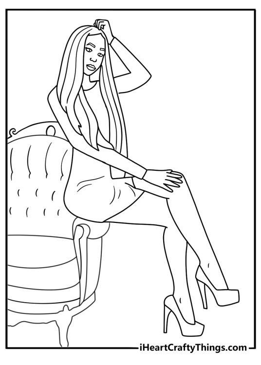 Detailed coloring picture presenting princess in a short dress relaxing on the couch at home