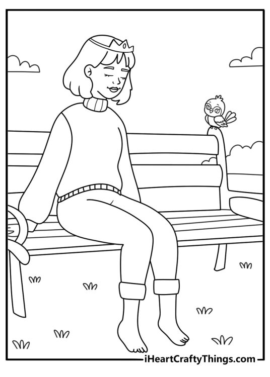 Detailed coloring picture showing princess relaxing on a bench and smiling to a bird sitting next to her