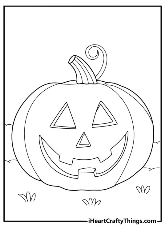Detailed coloring sheet presenting traditional carved pumpkin with some greenery in the background