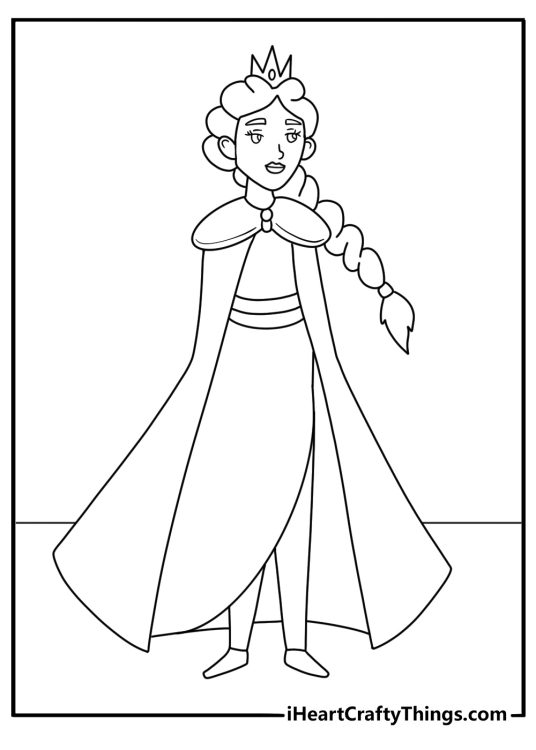 Detailed princess coloring page with a princess wearing an ornate cape