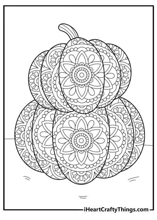 Detailed pumpkin themed picture for adults featuring two stacked pumpkins with mandala pattern