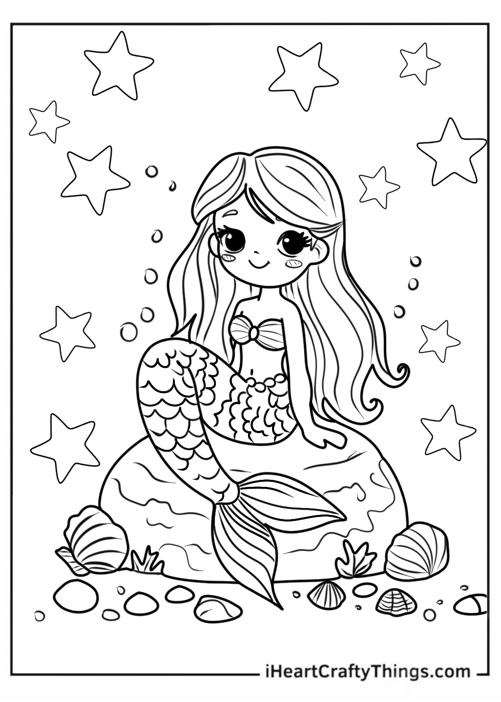 Coloring image of a cheerful mermaid girl sitting on a rock surrounded by stars, shells and water bubbles