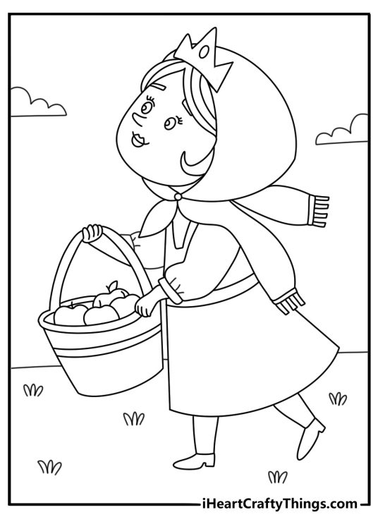 Easy princess coloring page with a princess carrying a basket of apples