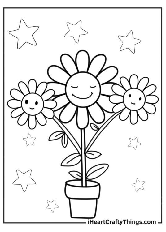 Flower Coloring Pages Of Three Happy Sunflowers In Garden Pot