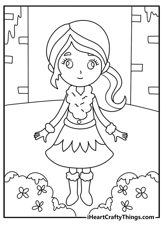 Free Princess coloring pages coloring page with a princess in a snow covered castle garden
