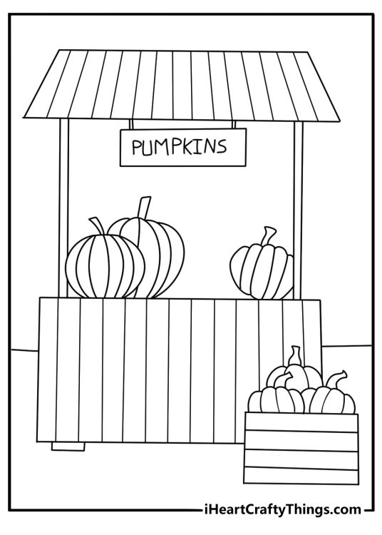 Free autumn printable featuring pumpkins displayed at a farmers market