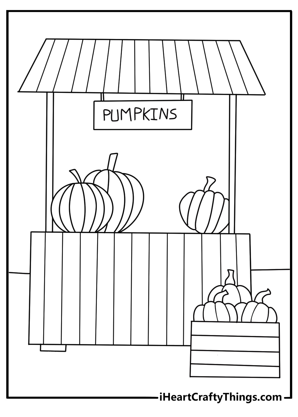 Free autumn printable featuring pumpkins displayed at a farmers market