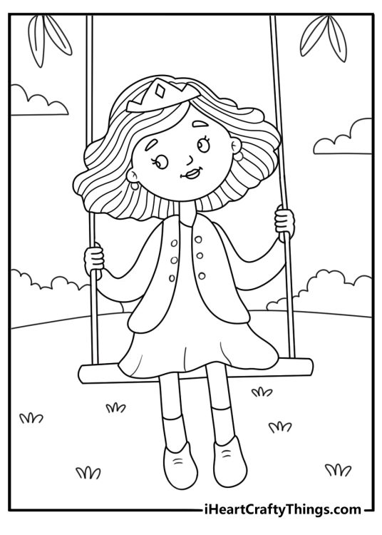 Free coloring printable featuring princess wearing a crown sitting on a swing in the park