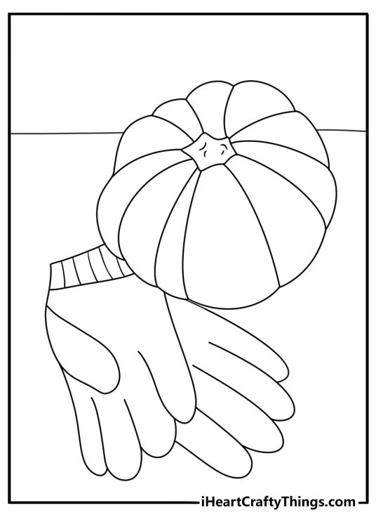 Free fall coloring page showing a pumpkin beside a pair of gardening gloves