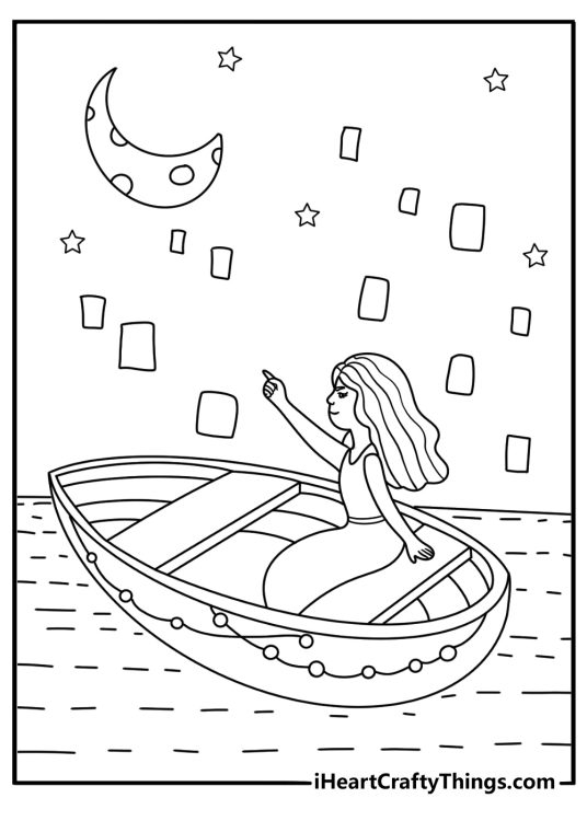 Free pdf featuring princess on a water in a little boat with a moon stars clouds and a lantern in the sky