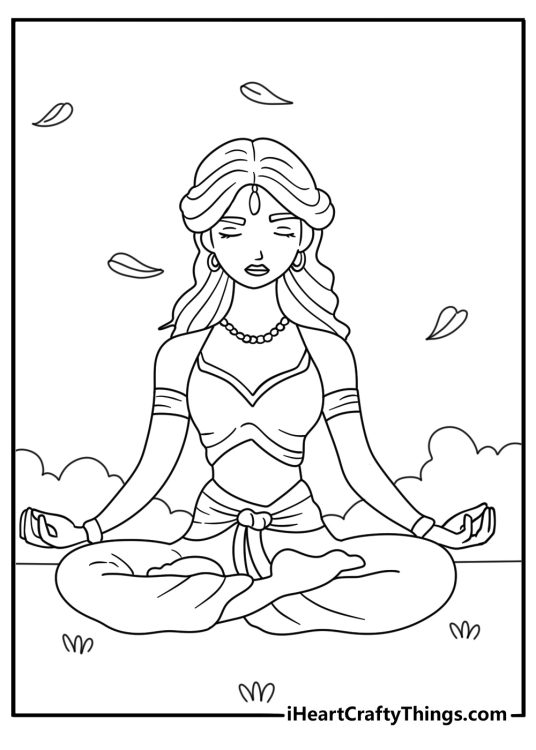Free pdf to print and color of a princess sitting cross legged in a long dress and meditating
