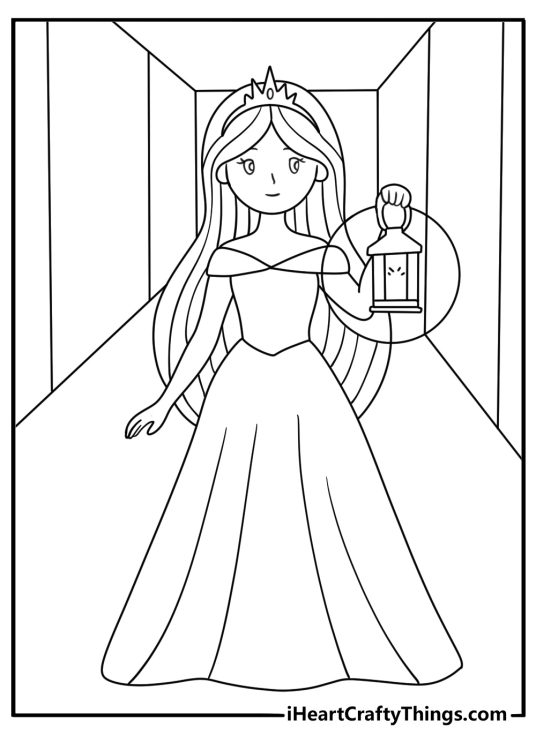 Free princess coloring page with a princess holding a lantern in a hallway