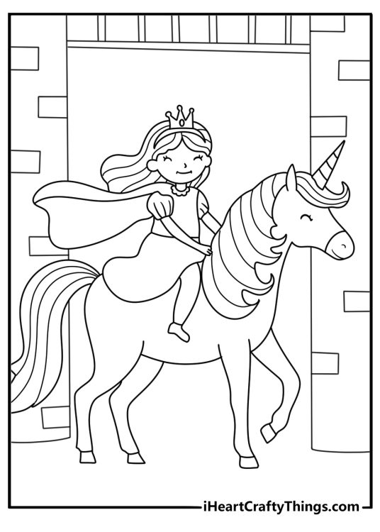 Free princess coloring pages printable with a princess and unicorn near a castle gate