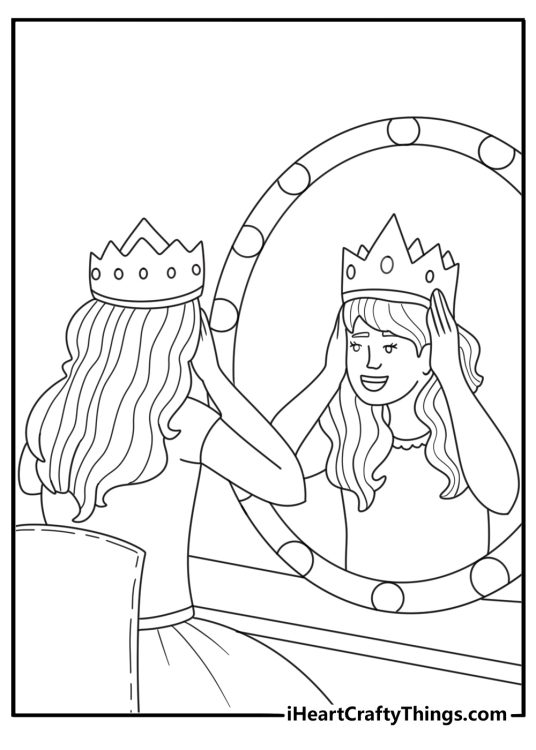 Free princess printable of a princess choosing a tiara from a dressing table