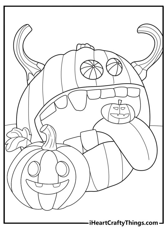 Free printable coloring image showing scary looking pumpkin munching on another one