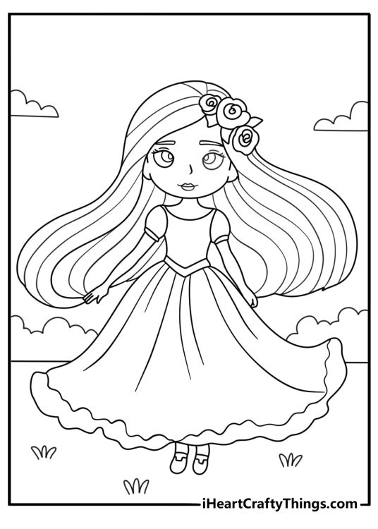 Free printable coloring page featuring little princess in a ball gown and flowers in her hair