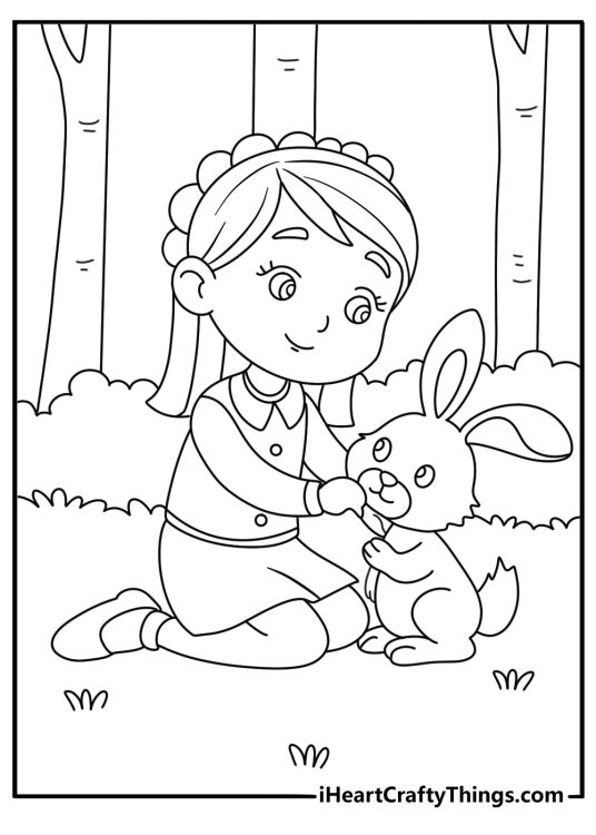 Free printable coloring page for children of a princess making friends with a bunny in the forest