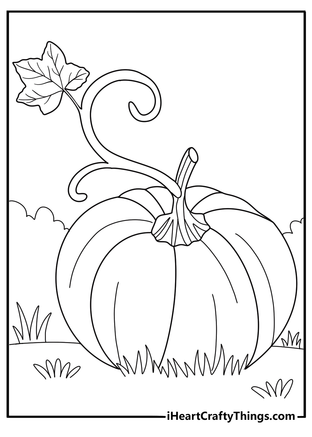 Free printable coloring picture presenting pumpkin surrounded by grass and leaves