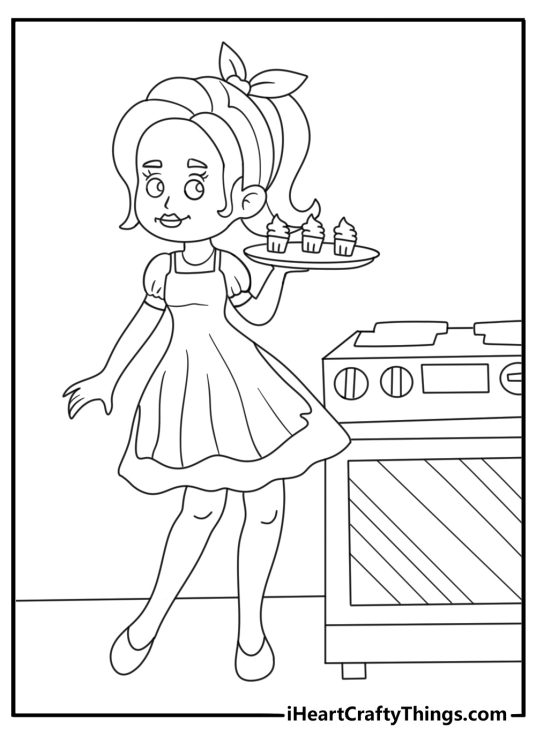 Free printable pdf featuring princess standing next to the oven with some fresh muffins
