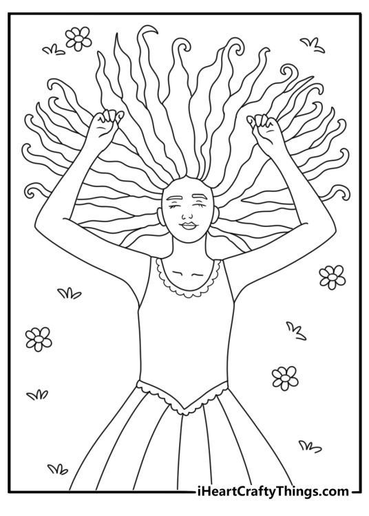 Free printable pdf of a princess with her long hair down relaxing on the grass surrounded by nature