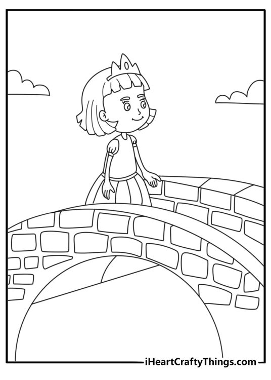 Free printable princess coloring sheet with a princess crossing a stone bridge